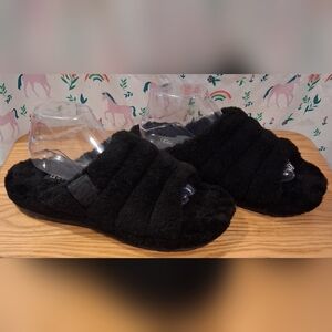 NWT Ugg Fluff You Black Shearling Casual Comfy Unisex Sandal Shoe SZ 9